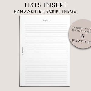 May include: Printable list insert with a handwritten script theme. The insert has a title that says "lista" and is designed for use in a planner. The text on the insert says "Your digital download purchase comes with 8 planner sizes."