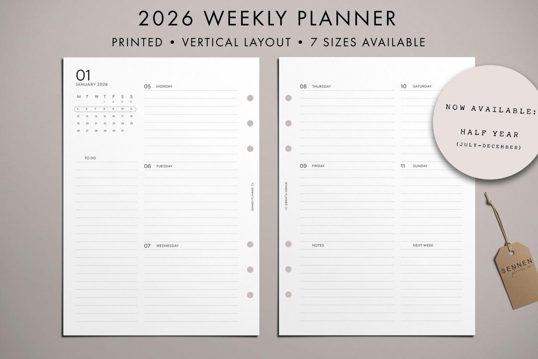 PRINTED 2026 Weekly Planner Insert, Vertical Layout, Week on Two Pages ...