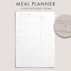 Könnte beinhalten: Druckbarer Speiseplan mit einem sauberen, modernen Design. Der Planer enthält eine Einkaufsliste und Platz, um Mahlzeiten für jeden Tag der Woche zu planen. Der Text "YOUR DIGITAL DOWNLOAD PURCHASE COMES WITH 7 PLANNER SIZES" befindet sich auf einem hellrosa Kreis.