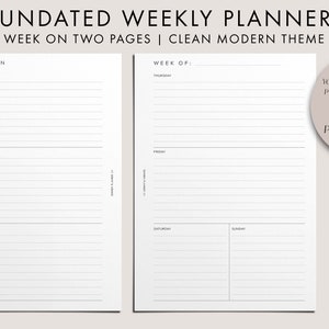 Agenda hebdomadaire non daté, IMPRIMABLE, semaine sur deux pages, liste des tâches, horizontal, pochette/personnelle/insertions A5, moderne et épuré