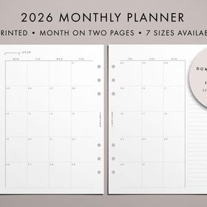 Insertion d'agenda mensuel 2026, mois sur deux pages, aperçu du mois, dates importantes, calendrier 2026, 7 tailles, script manuscrit