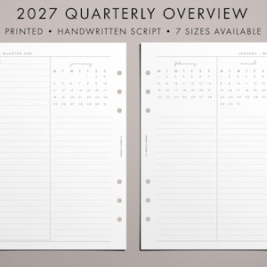 May include: Two white planner pages for 2027 Quarter One with black text. The left page features a goals section, a to-do list, and a January calendar. The right page displays February and March calendars with lined sections for notes. Text reads 2027 QUARTERLY OVERVIEW.