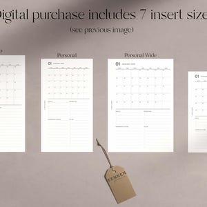 May include: A digital download featuring minimalist planner inserts in various sizes: Mini HP, Personal, Personal Wide, and A6. Each insert displays a calendar for January 2024, with space for notes. A brown tag with the brand name "Sennen" hangs below.