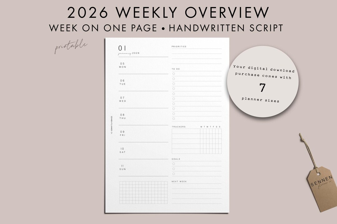PRINTABLE 2026 Weekly Overview, Week on One Page, WO1P, Trackers, A5 ...