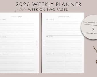 2026 Weekly Planner, PRINTABLE, Week on Two Pages, Horizontal, A5 Planner Inserts, Comes With 7 Planner Sizes, Handwritten Script Font Theme
