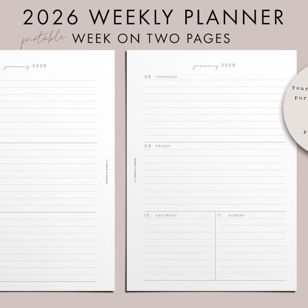 2026 Wochenplaner, DRUCKBAR, Woche auf Zwei Seiten, Horizontal, A5 Planer Einlagen, 7 Planergrößen, Handgeschriebenes Etikett
