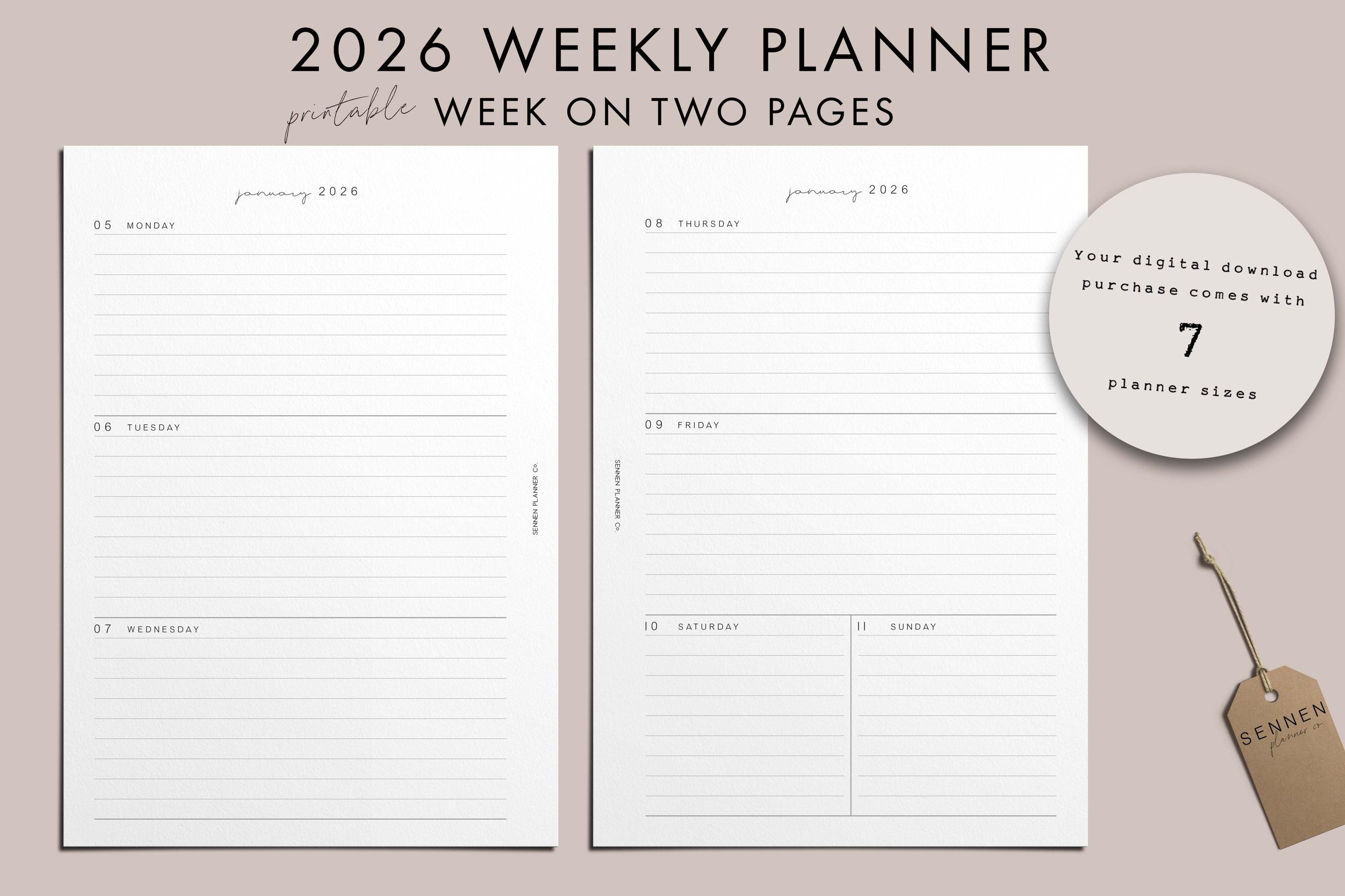 2026 Weekly Planner, PRINTABLE, Week on Two Pages, Horizontal, A5 ...