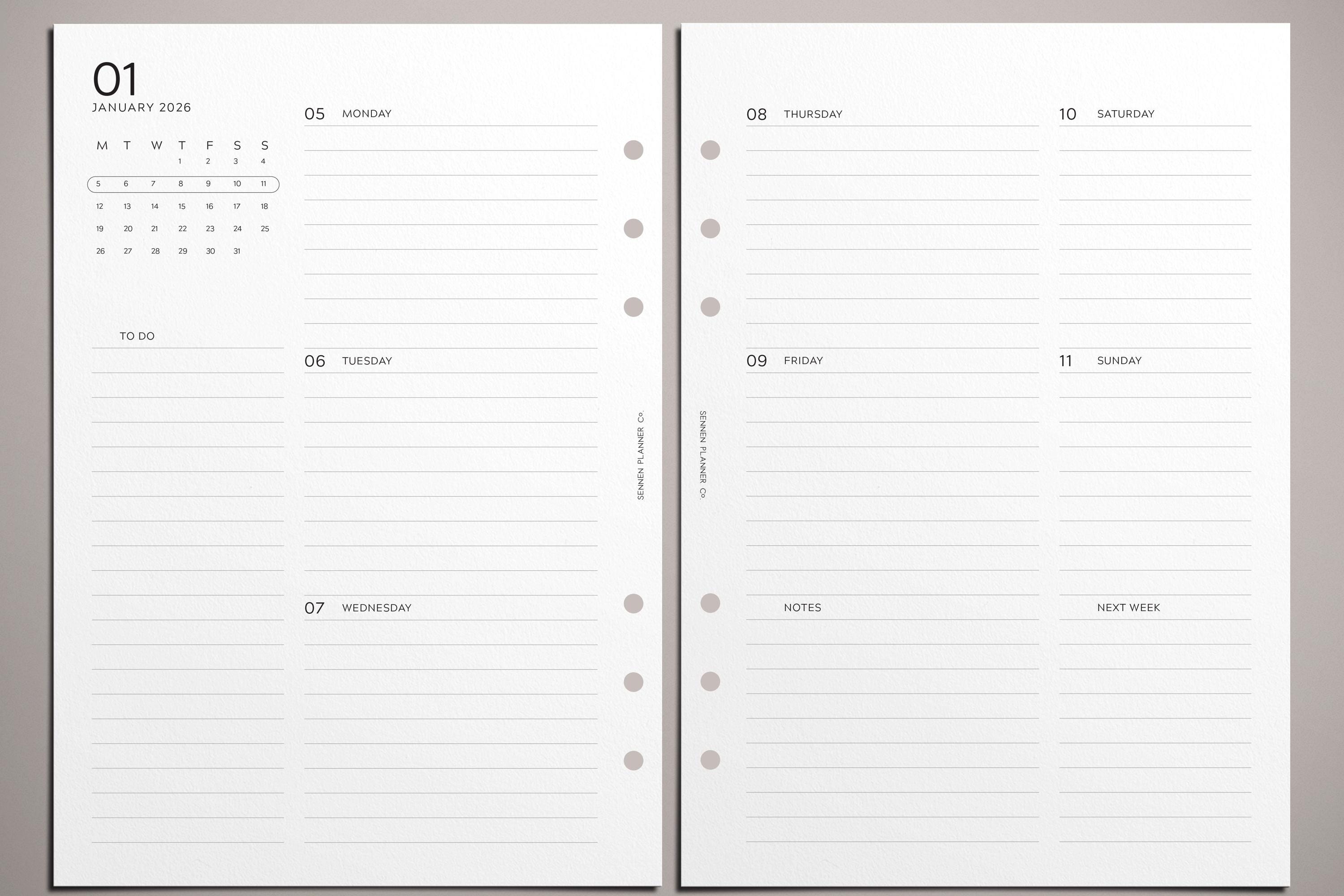 PRINTED 2026 Weekly Planner Insert, Vertical Layout, Week on Two Pages ...