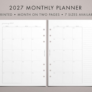 May include: A 2027 monthly planner layout printed on two pages with a grid calendar format. The white paper features black text and lines, including a column for notes on the right side and pre-punched holes for binding along the inner edges.