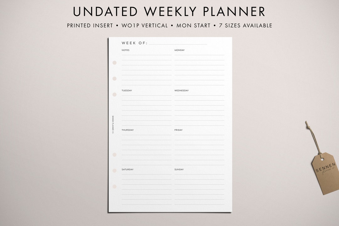 PRINTED Undated Weekly Planner Insert, MON START, Week on One Page ...