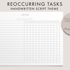 Puede incluir: Una página de planificador mensual imprimible con un diseño de cuadrícula para realizar un seguimiento de las tareas recurrentes. La página se titula "Tareas recurrentes" y presenta un tema de escritura a mano. La página incluye columnas para cada mes del año y filas para enumerar las tareas.