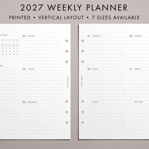 May include: A 2027 weekly planner insert with a vertical layout, featuring two white pages with black text. The left page shows a monthly calendar for January 2027, a to-do list, and days Monday through Wednesday. The right page lists Thursday through Sunday.