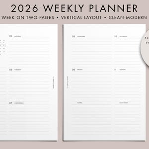 Könnte beinhalten: Ein druckbarer Wochenplaner 2026 mit vertikalem Layout und sauberem, modernem Design. Der Planer zeigt eine Woche auf zwei Seiten, mit Platz für Notizen und To-Do-Listen. Der digitale Download enthält 7 Planergrößen.