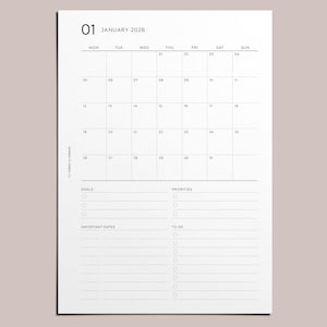 May include: A minimalist white 2026 January calendar with a grid layout, featuring days of the week across the top and space for goals, priorities, important dates, and to-do lists. The top left corner displays "01 January 2026".