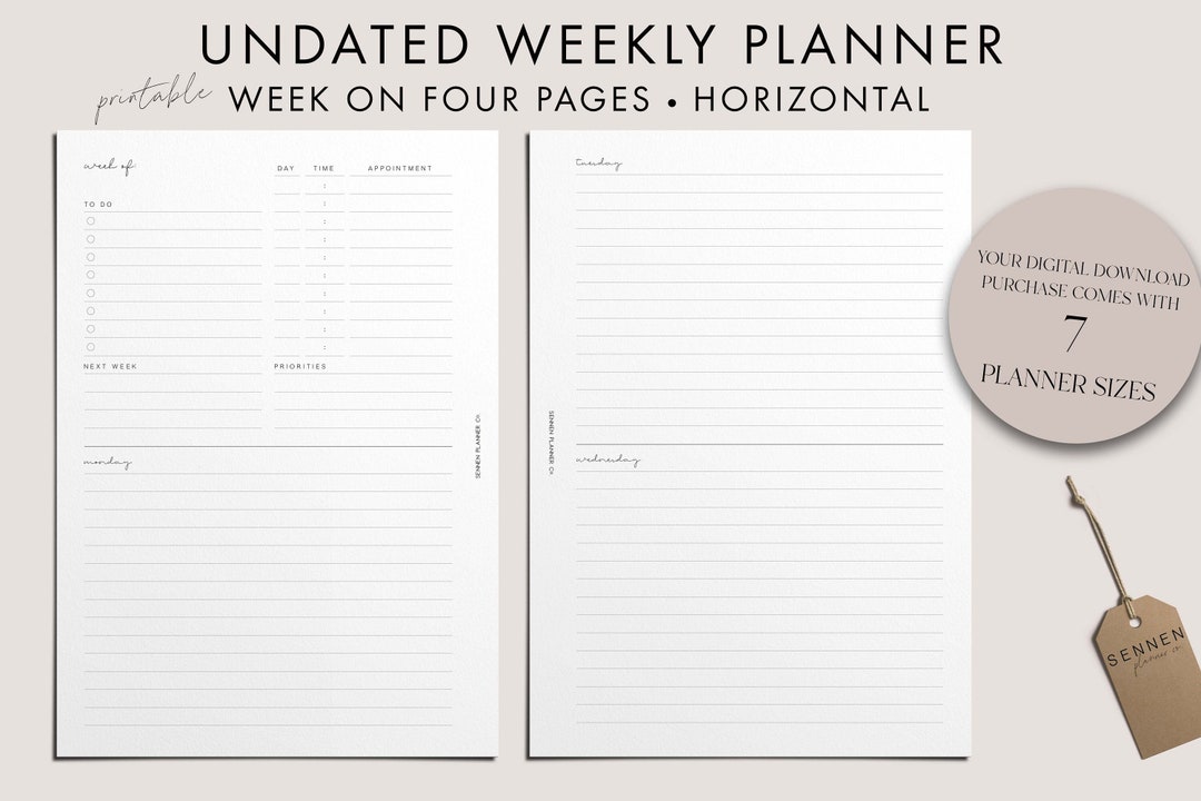 Undated Weekly Planner, PRINTABLE, WO4P, Horizontal, A5/happy Planner