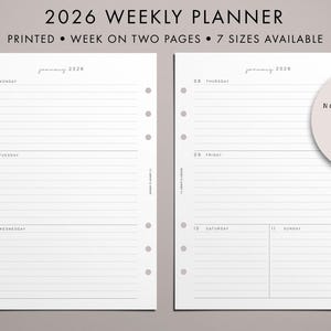 PRINTED 2026 Weekly Planner Insert, Week on Two Pages, WO2P, Horizontal, 2026 Calendar, Weekly Spread, 7 Sizes, Handwritten Script