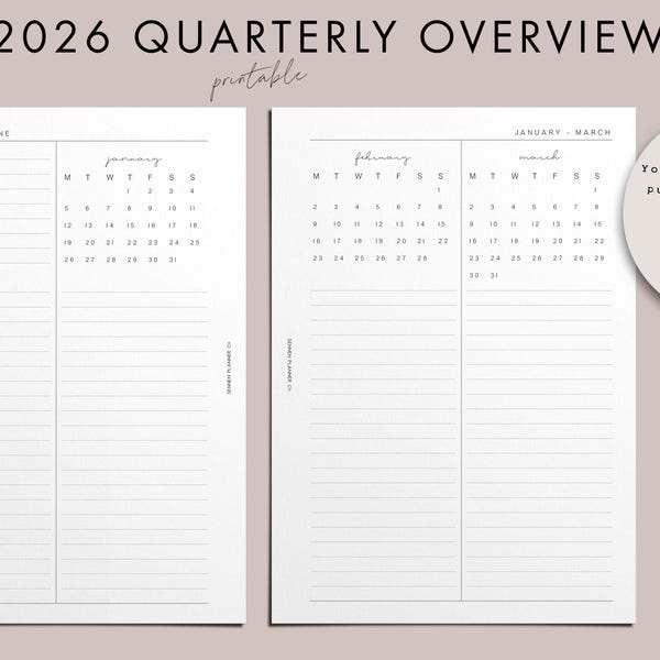 2026 Quarterly Overview, PRINTABLE, Month at a Glance, Quarter at a Glance, Goals, Important Dates, ToDo List, A5 Insert, Handwritten Script