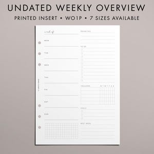 May include: A white undated weekly overview planner insert with a minimalist design. The planner includes sections for each day of the week, priorities, to-do lists, trackers, and notes. Text at the top reads "UNDATED WEEKLY OVERVIEW" and "7 SIZES AVAILABLE".