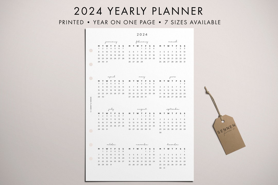 PRINTED 2024 Yearly Planner Insert, 2024 Calendar, Year on One Page ...