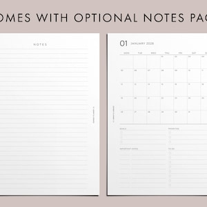 May include: A minimalist planner spread with a lined notes page and a calendar page for January 2026. The calendar includes space for goals, priorities, and to-do lists. The text "COMES WITH OPTIONAL NOTES PAGE" is at the top.