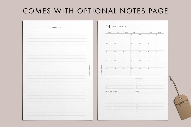 May include: A minimalist planner spread with a lined notes page and a calendar page for January 2026. The calendar includes space for goals, priorities, and to-do lists. The text "COMES WITH OPTIONAL NOTES PAGE" is at the top.
