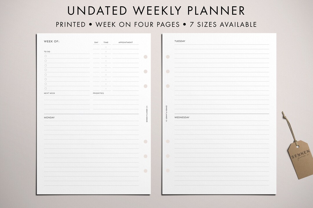 PRINTED Undated Weekly Planner Insert, WO4P, Horizontal Layout, A5 ...