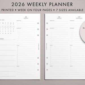Insertion d'agenda hebdomadaire 2026, semaine sur quatre pages, disposition verticale, WO4P, calendrier 2026, propagation hebdomadaire, 7 tailles, moderne et épuré