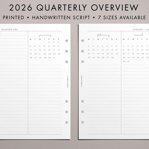 May include: A white planner spread with the text "2026 Quarterly Overview" and "Printed Handwritten Script 7 Sizes Available." The planner pages show a calendar layout for January, February, and March, with space for goals and to-do lists.