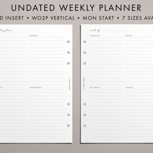 May include: Undated weekly planner printable insert with a vertical layout and Monday start. The planner has seven columns for each day of the week, with a notes section at the top. The planner is printed on white paper and has a minimalist design.