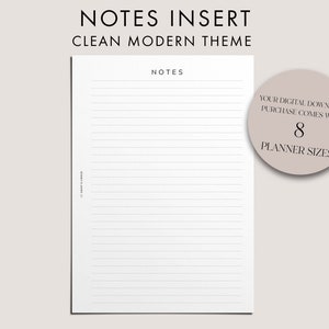 Peut inclure: Page d'insertion de notes imprimable avec le titre "NOTES" dans un thème moderne et épuré. Le texte "YOUR DIGITAL DOWNLOAD PURCHASE COMES WITH 8 PLANNER SIZES" est dans un cercle sur le côté droit de la page.