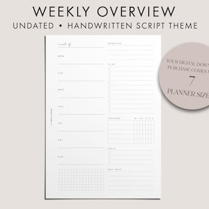Pode incluir: Um planejador semanal minimalista com um layout sem data e um tema de escrita à mão. O planejador inclui seções para cada dia da semana, prioridades, listas de tarefas, rastreadores, metas e planejamento da próxima semana. A imagem também inclui um gráfico circular que diz "SUA COMPRA DE DOWNLOAD DIGITAL VEM COM 7 TAMANHOS DE PLANEJADOR".