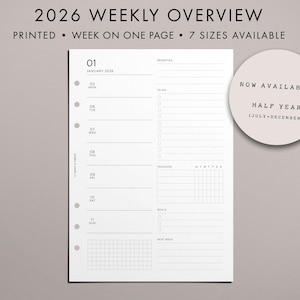 PRINTED 2026 Weekly Overview Insert, Week on One Page, WO1P, Trackers, 7 Sizes Available, Clean Modern Font