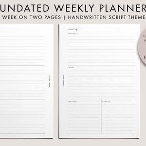 Undated Weekly Planner, PRINTABLE, Week on Two Pages, To Do List, Horizontal, Pocket/Personal/A5 Inserts, Handwritten Script