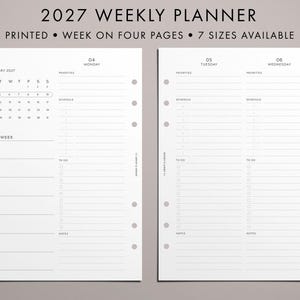May include: A 2027 weekly planner refill set with white pages and black text. The layout includes a monthly calendar, daily schedule sections for Monday through Sunday, priority lists, to-do checkboxes, and notes sections with punched holes.