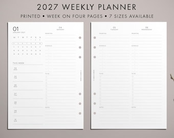 May include: A 2027 weekly planner refill set with white pages and black text. The layout includes a monthly calendar, daily schedule sections for Monday through Sunday, priority lists, to-do checkboxes, and notes sections with punched holes.