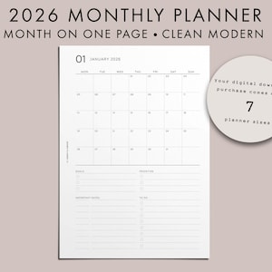 2026 Monthly Planner, PRINTABLE, Classic Calendar Style, Month on 1 Page, MO1P, Important Dates, To Do List, A5 Insert, Clean Modern Font