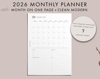 May include: A minimalist 2026 monthly planner with a clean, modern design. The white page features a calendar for January, with space for goals, priorities, and notes. The text "2026 Monthly Planner" and "Month on One Page" are visible.