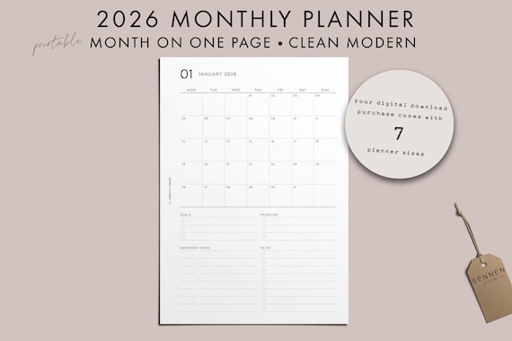 2026 Monthly Planner, PRINTABLE, Classic Calendar Style, Month on 1 Page, MO1P, Important Dates, To Do List, A5 Insert, Clean Modern Font