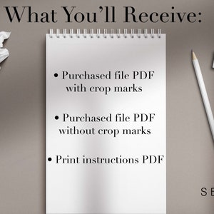 May include: A minimalist image featuring a white spiral-bound notepad with text, a pencil, and a pencil sharpener. The text reads "What You'll Receive:" followed by bullet points detailing PDF files. Crumpled paper balls are on the left.
