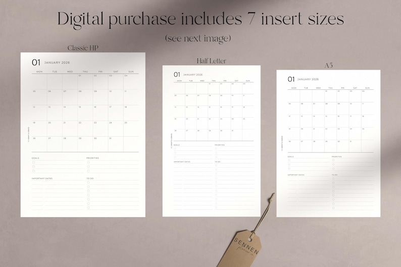 May include: Three minimalist planner inserts in Classic HP, Half Letter, and A5 sizes, each displaying a January 2026 calendar. The phrase "Digital purchase includes 7 insert sizes" is at the top. A brown tag with the word "SENNEN" hangs from the bottom.