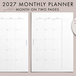 Op de afbeelding: Een printbare maandplanner voor 2027 met een maandoverzicht op twee pagina's. De witte pagina's tonen een rasterkalender voor januari 2027 met de dagen van de week. Een cirkelvormige notitie geeft aan dat de download 7 plannerformaten bevat.