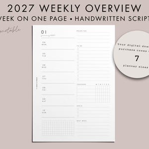 May include: A white 2027 weekly overview planner page with a week on one page layout and handwritten script. The document features sections for priorities, to-do lists, trackers, goals, and next week, alongside a grid area and a circular note.