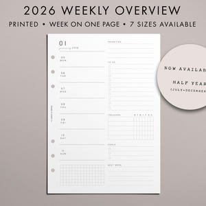 PRINTED 2026 Weekly Overview Insert, Week on One Page, WO1P, Trackers, 7 Sizes Available, Handwritten Script Font