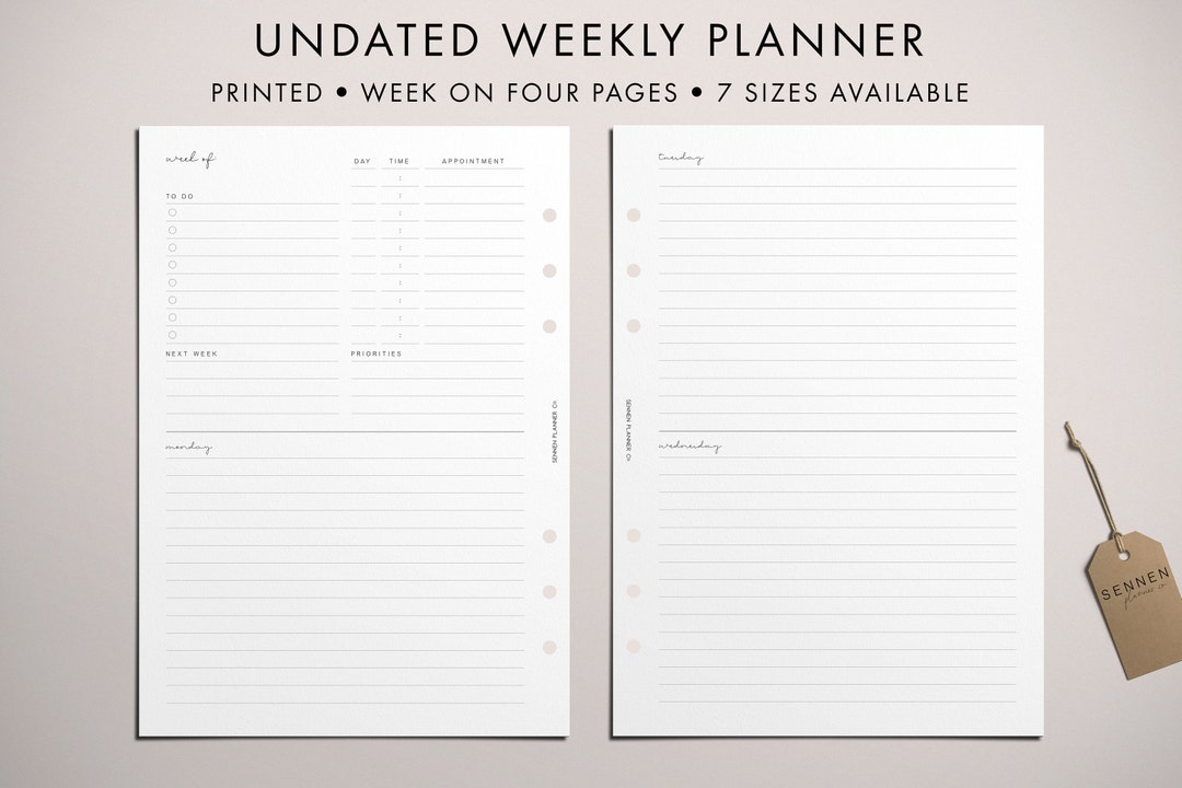 PRINTED Undated Weekly Planner Insert, WO4P, Horizontal, A5/happy