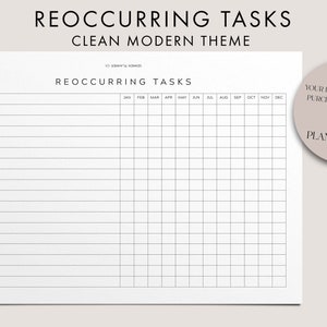 May include: Printable monthly planner with a clean modern theme. The planner is divided into 12 months with a column for each month. The planner is titled "Recurring Tasks".