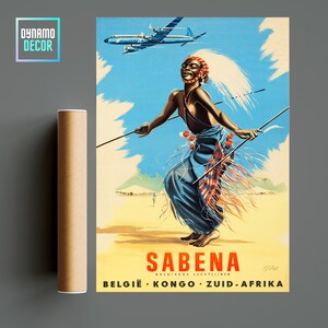 Sabena Africa - Cartel de viaje de África - Decoración de arte de pared de viaje retro vintage - Cartel de viaje minimalista - Ideas de regalo de cartel de viaje