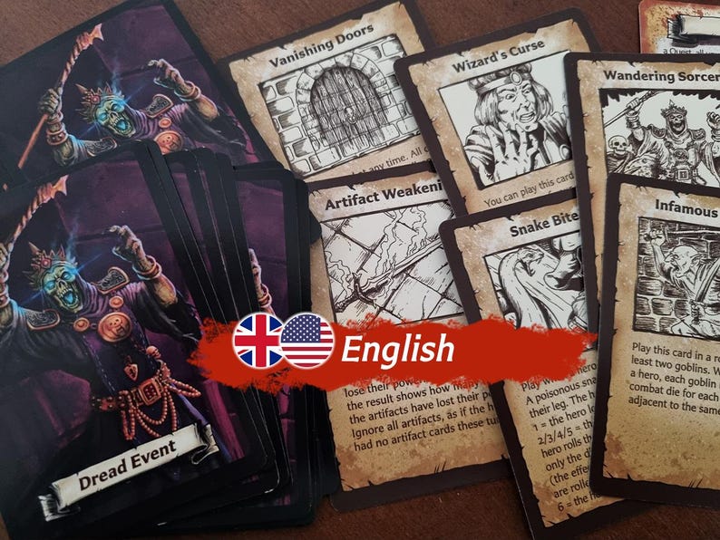 May include: A collection of fantasy role-playing game cards with illustrations of goblins, wizards, and snakes. The cards feature titles like "Dread Event", "Vanishing Doors", "Wizard's Curse", "Wandering Sorcerer", "Artifact Weakening", "Snake Bite", and "Infamous".