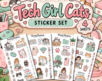 Tech Girls Cats Sticker Set, Coding Cat Stickers, Computer Stickers, Programmer Gift, Tech Girl Stickers, Cute Nerdy Cat Stickers
