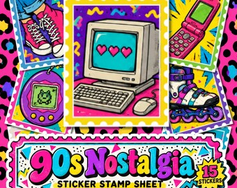 90s Nostalgia Stamp Stickers | Retro 1990s Sticker Sheet | Vintage Junk Journal, Scrapbook & Planner Stickers