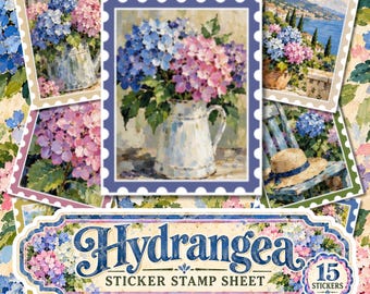 Hydrangea Sticker Stamp Sheet, Impressionist Flower Stickers, Floral Junk Journal Stickers, Scrapbook & Journaling Stickers